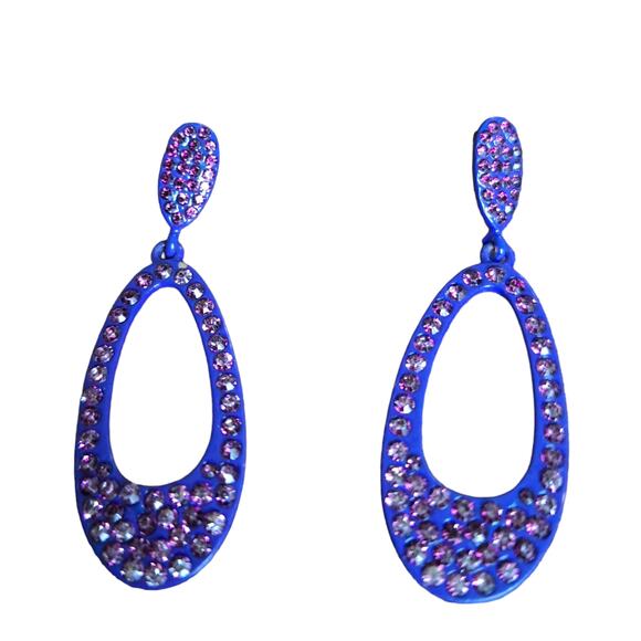 Oval Hoop Earrings Purple Rhinestones Posts - Picture 1 of 6